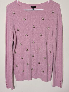 Talbots Owl Embroidered Wool Blend Cable Knit Sweater Soft Pink Size M